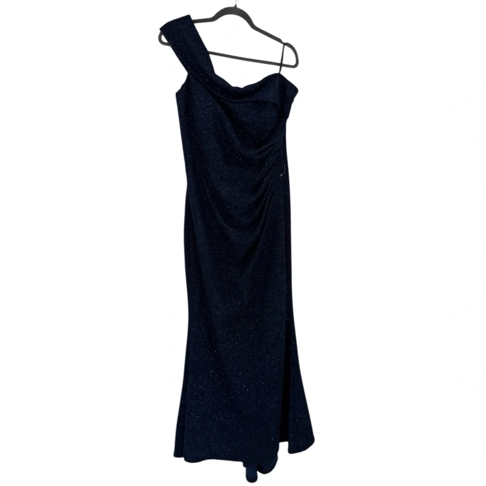 Eliza J Navy Blue Metallic Off The Shoulder Elegant Formal NWT Gown Size 16 - Picture 5 of 12